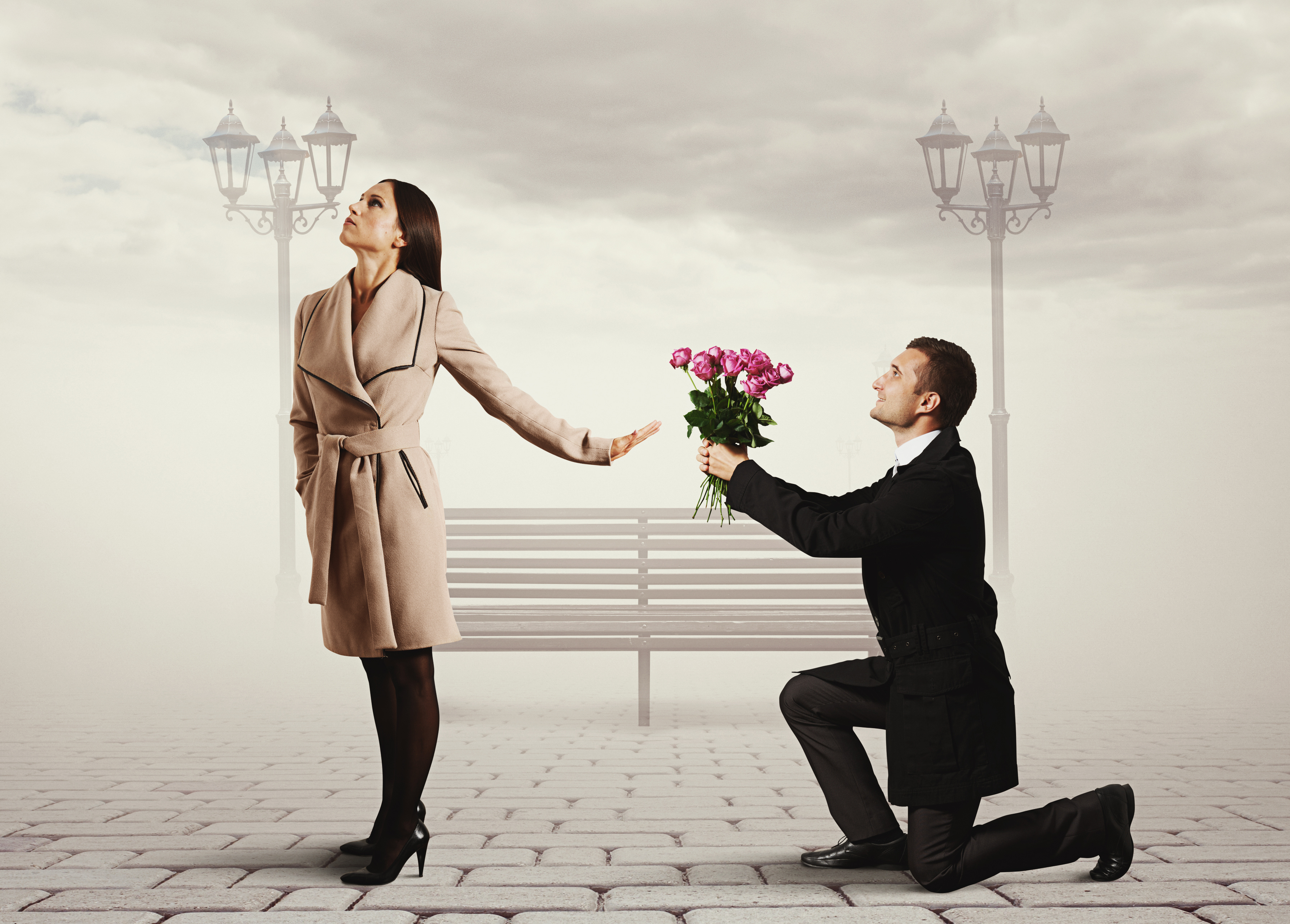 angry lady rejecting man with flowers